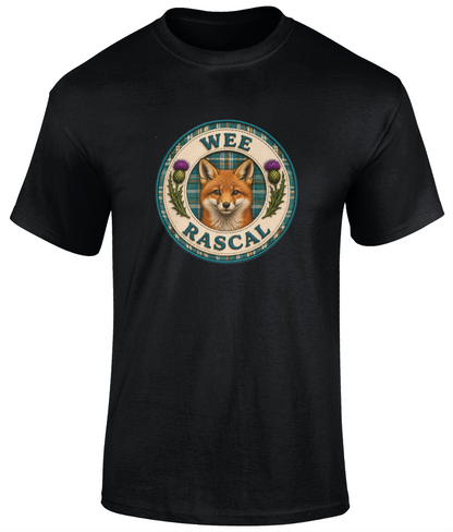 Wee Rascal youth t-shirt in black featuring a realistic fox crest with teal tartan background and Scottish thistles.