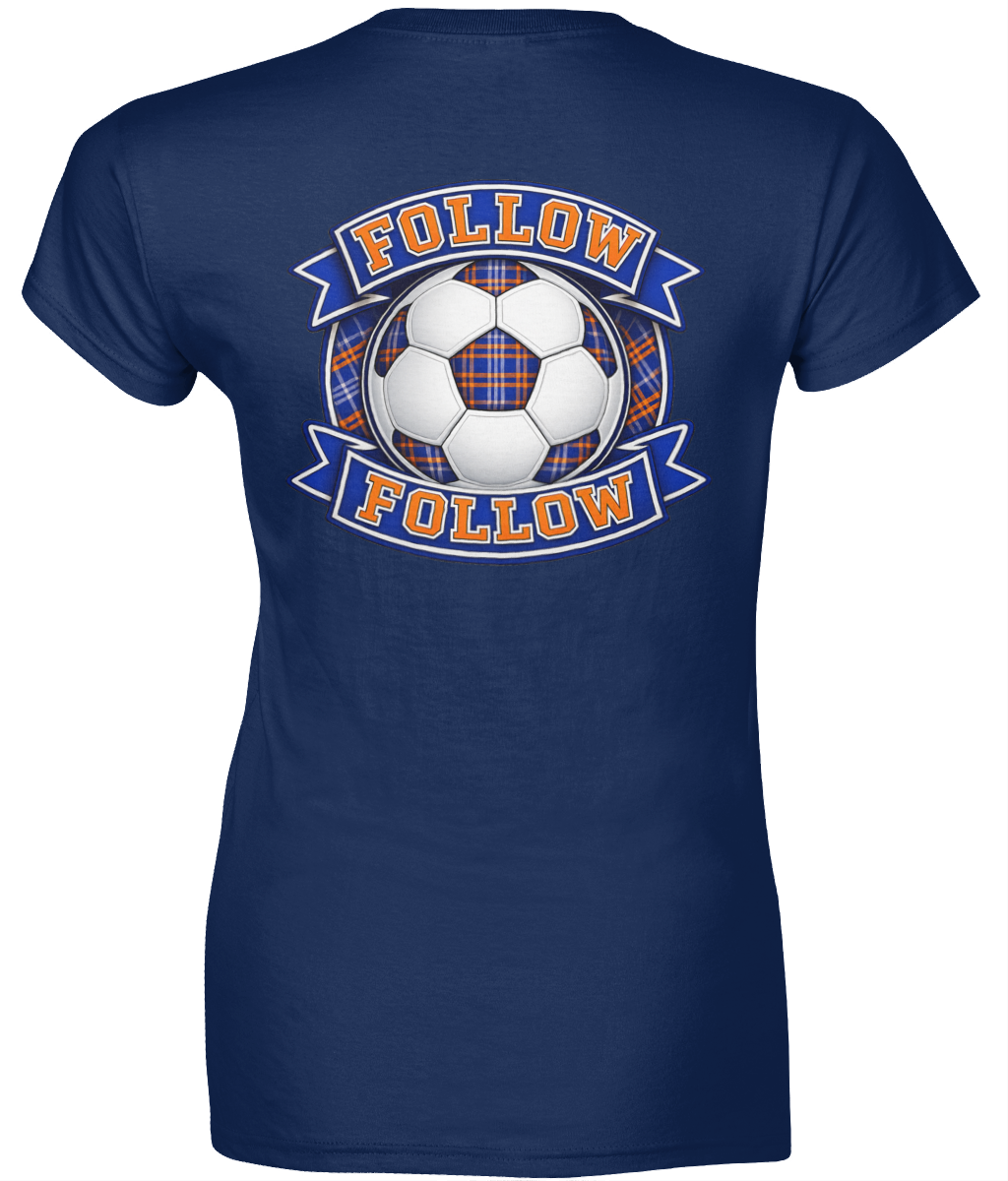 Navy women's fitted t-shirt with FOLLOW FOLLOW football-inspired back print design