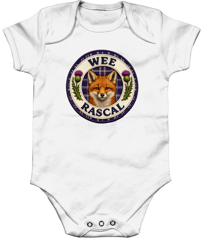 White Wee Rascal baby bodysuit featuring a Scottish fox, tartan background and purple thistle badge design.