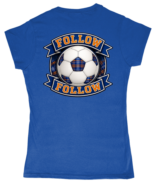 Royal blue women's fitted t-shirt with FOLLOW FOLLOW football-inspired back print design
