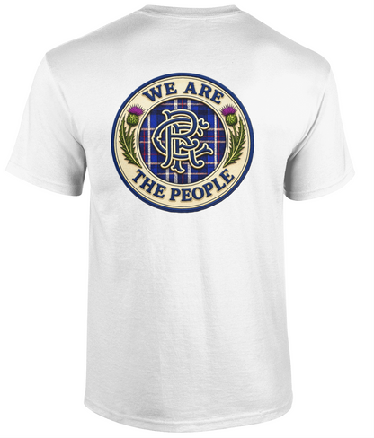 Men's white We Are The People Crest Back Print T-Shirt featuring a large tartan-inspired crest design.