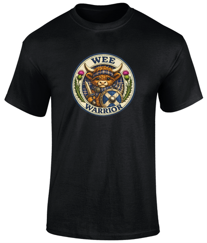 Wee Warrior youth t-shirt in black featuring a Highland cow warrior crest with tartan, sword and shield.
