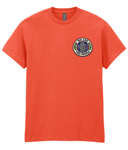 Orange We Are The People Crest men's t-shirt featuring a small embroidered-style supporter badge on the left chest.