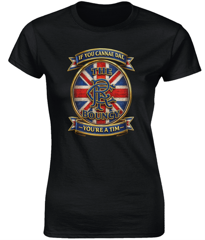 If You Cannae Dae The Bouncy ladies fitted t-shirt in black featuring the exact Union Flag crest design and slogan.