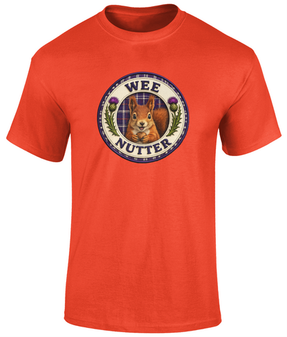 Wee Nutter youth t-shirt in orange featuring a squirrel crest with tartan and thistle details.
