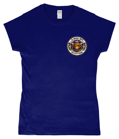 Ladies fitted navy t-shirt featuring the A Wee Bit Scottish Highland cow badge design on the left chest.
