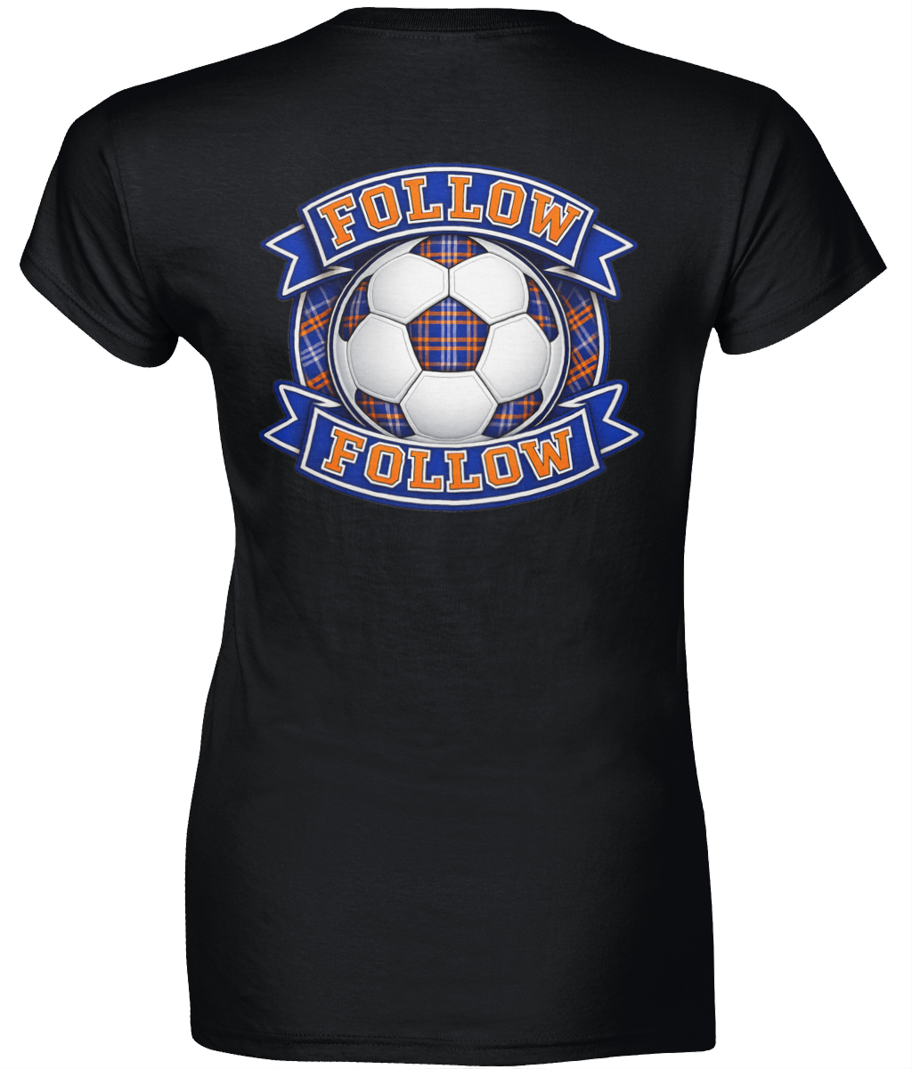 Black women's fitted t-shirt with FOLLOW FOLLOW football-inspired back print design