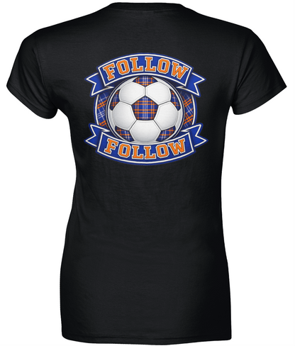 Black women's fitted t-shirt with FOLLOW FOLLOW football-inspired back print design