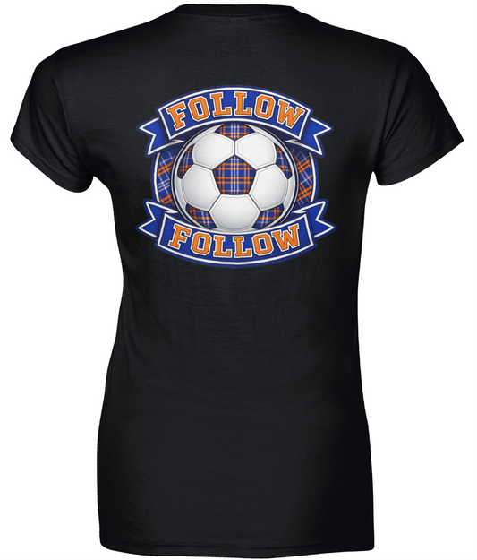 Black women's fitted t-shirt with FOLLOW FOLLOW football-inspired back print design
