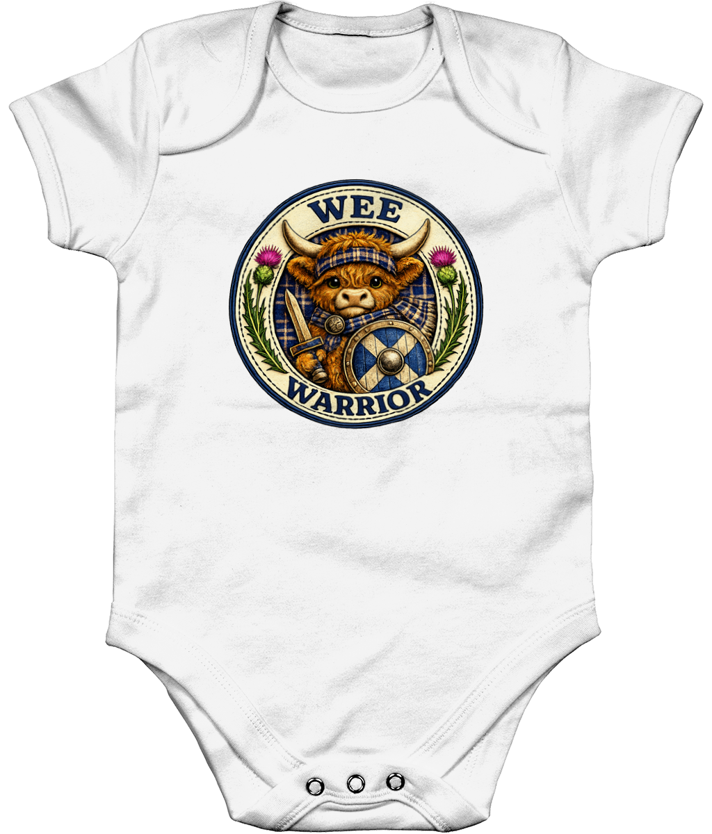 Wee Warrior baby bodysuit in white featuring Highland Cow warrior badge design