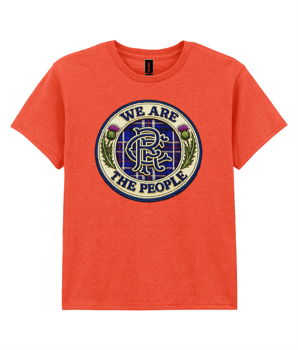 We Are The People crest youth t-shirt in orange featuring tartan badge design with Scottish thistles