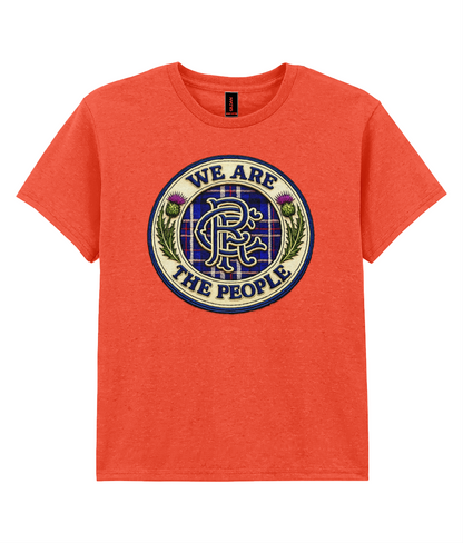 We Are The People crest youth t-shirt in orange featuring tartan badge design with Scottish thistles