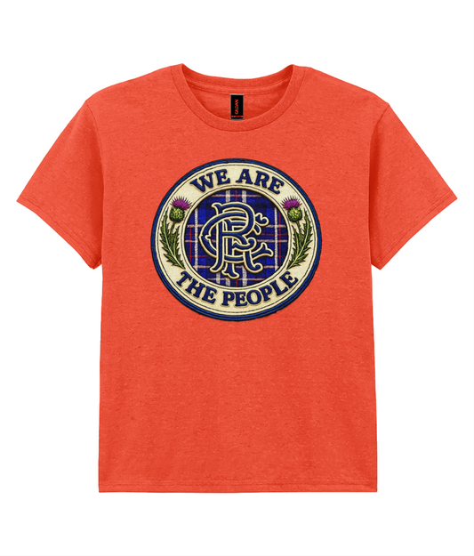 We Are The People crest youth t-shirt in orange featuring tartan badge design with Scottish thistles