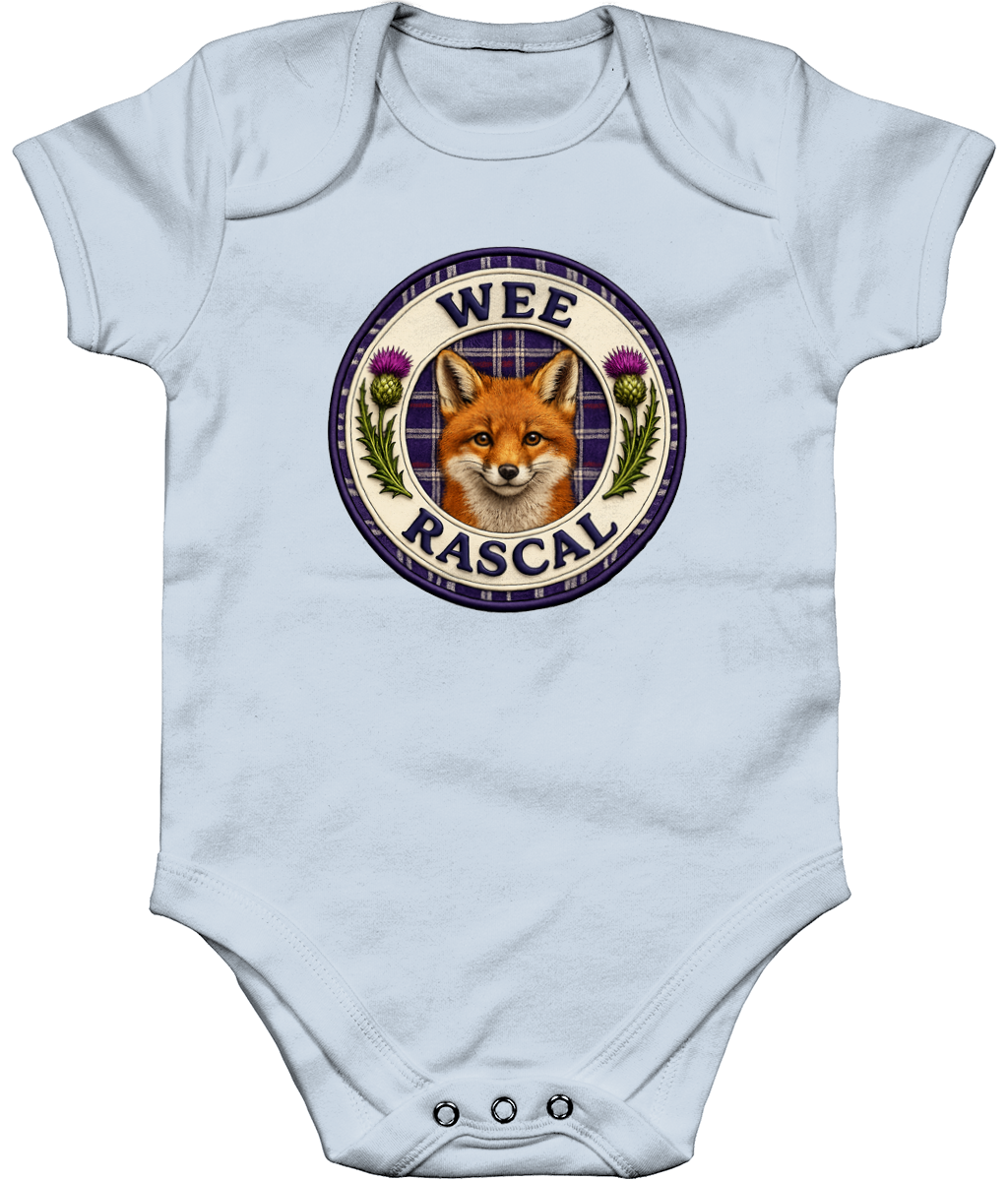 Pastel Blue Wee Rascal baby bodysuit featuring a Scottish fox, tartan background and purple thistle badge design.