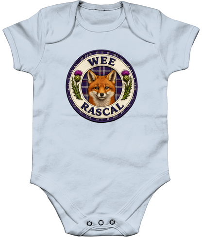 Pastel Blue Wee Rascal baby bodysuit featuring a Scottish fox, tartan background and purple thistle badge design.