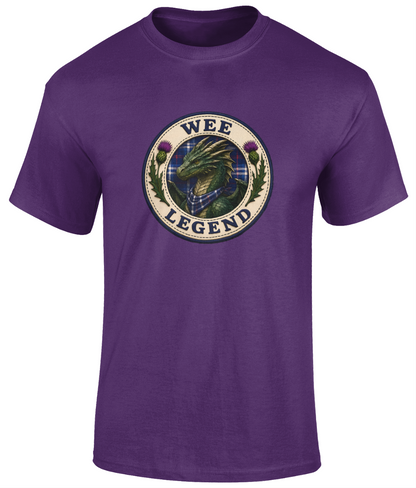 Wee Legend Dragon youth t-shirt featuring a detailed dragon crest, Scottish tartan scarf, thistles and traditional badge artwork by Wee Legends Co.