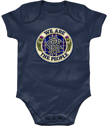 We Are The People badge baby bodysuit in navy featuring tartan crest design