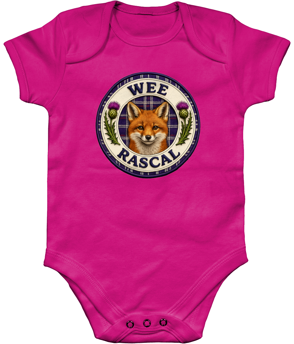 Fuschia Wee Rascal baby bodysuit featuring a Scottish fox, tartan background and purple thistle badge design.