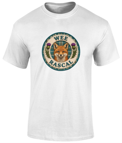 Wee Rascal youth t-shirt in white featuring a realistic fox crest with teal tartan background and Scottish thistles.