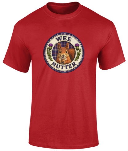 Wee Nutter youth t-shirt in red featuring a squirrel crest with tartan and thistle details.