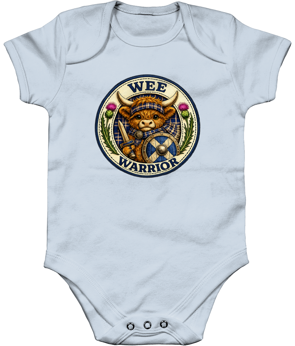 Wee Warrior baby bodysuit in baby blue featuring Highland Cow warrior badge design