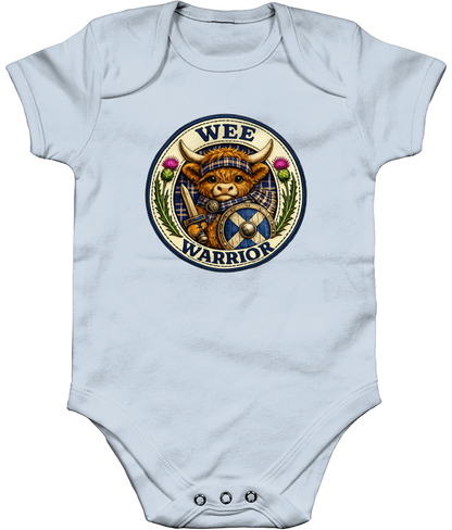 Wee Warrior baby bodysuit in baby blue featuring Highland Cow warrior badge design