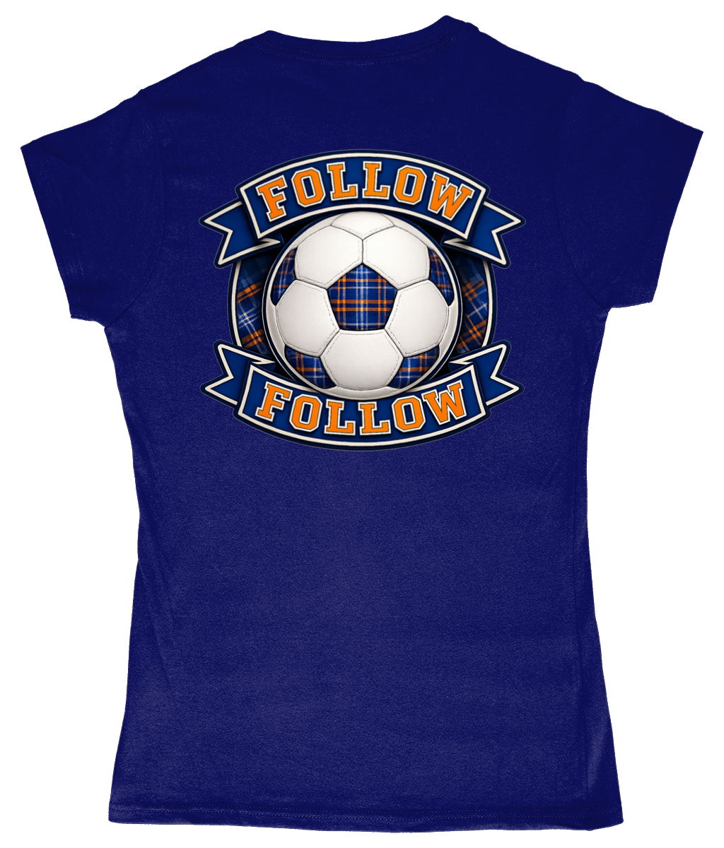 Navy women's fitted t-shirt with FOLLOW FOLLOW football-inspired back print design