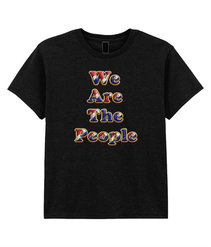 We Are The People youth t-shirt in black featuring red, white and blue embroidered-style lettering design.