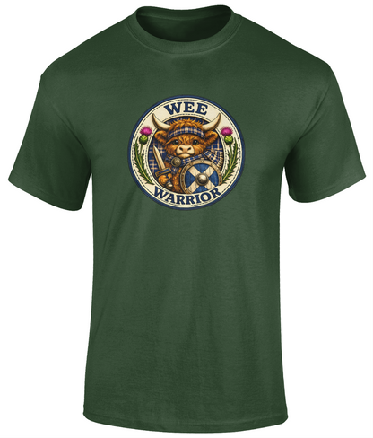 Wee Warrior youth t-shirt in forest featuring a Highland cow warrior crest with tartan, sword and shield.