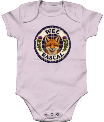Pastel Pink Wee Rascal baby bodysuit featuring a Scottish fox, tartan background and purple thistle badge design.
