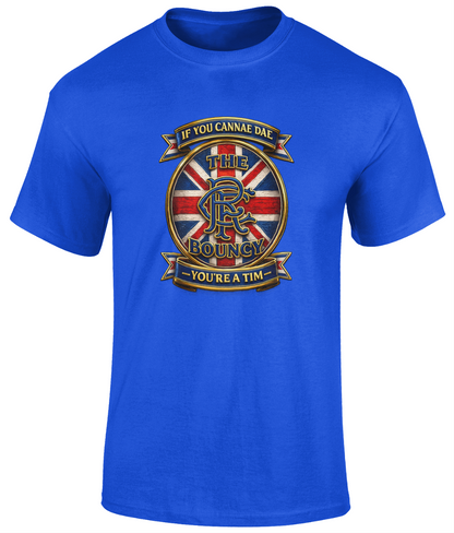 Royal Blue If You Cannae Dae The Bouncy men's T-shirt featuring a colourful Union Flag crest and classic Scottish football-inspired artwork.