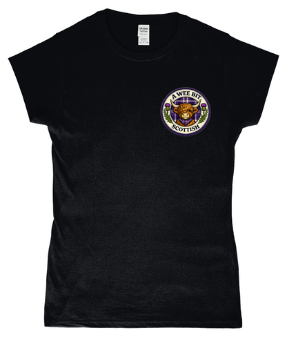 Ladies fitted black t-shirt featuring the A Wee Bit Scottish Highland cow badge design on the left chest.