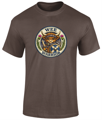 Wee Warrior youth t-shirt in dark chocolate featuring a Highland cow warrior badge with tartan details.