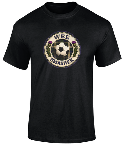 Wee Smasher youth t-shirt in black featuring a football crest design with centred football, tartan pattern and Scottish thistles.
