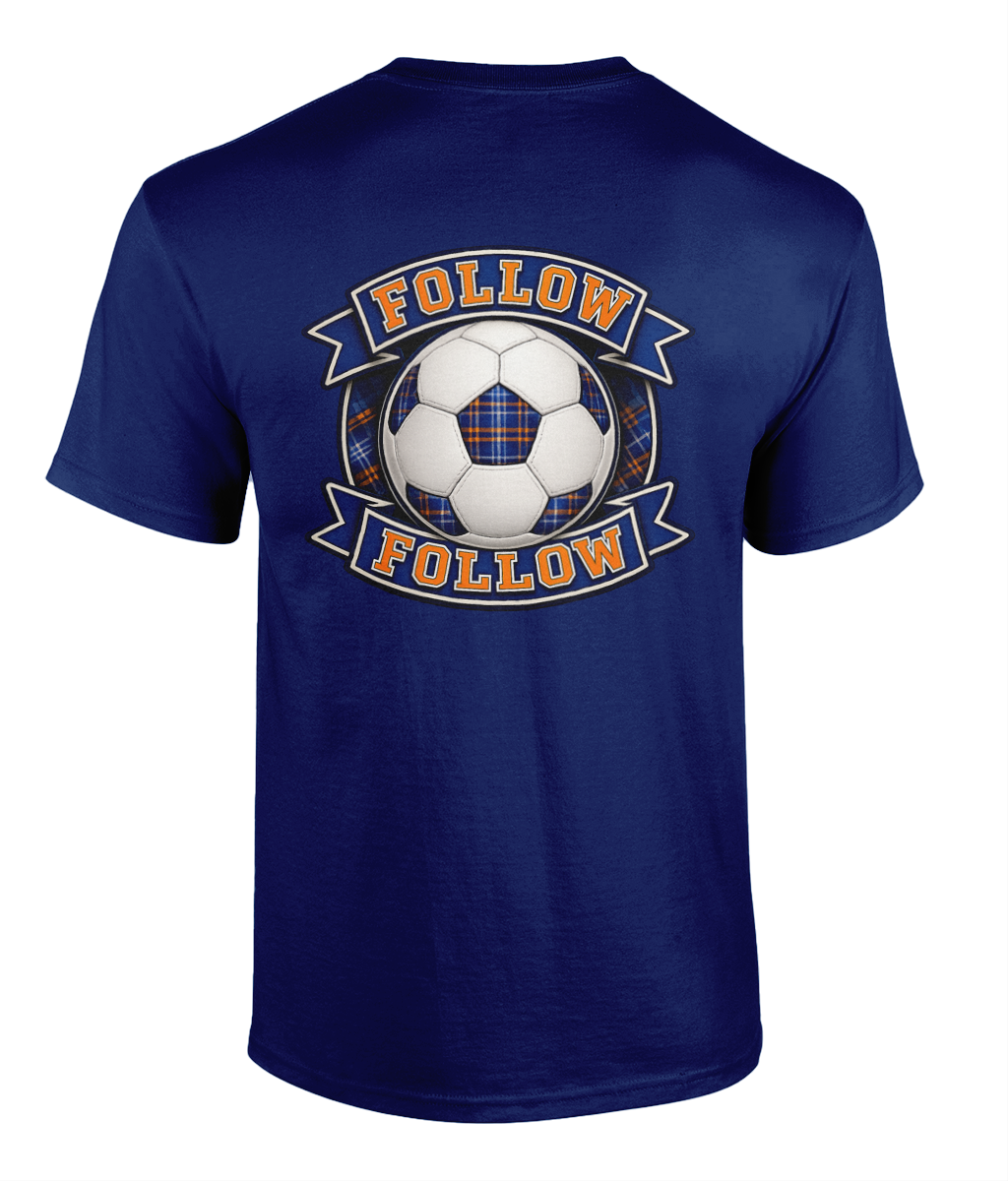 Royal blue FOLLOW FOLLOW Crest men's t-shirt featuring football-inspired supporter crest design.