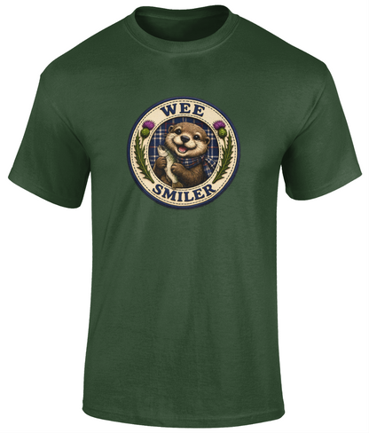Wee Smiler youth t-shirt in forest featuring a smiling otter crest holding a fish with tartan and thistle details.