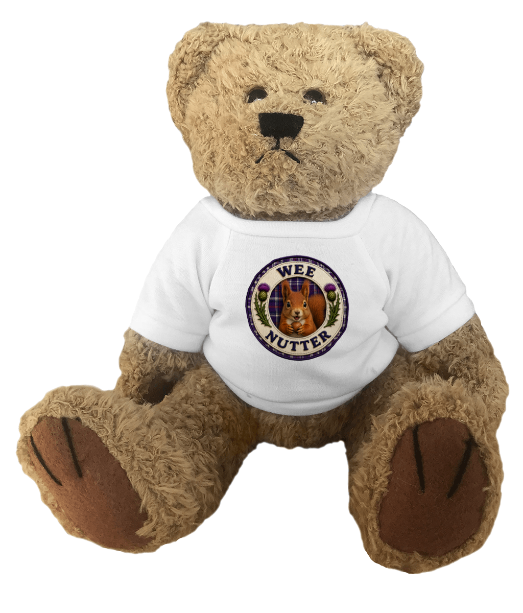 Plush teddy bear wearing a matching Wee Nutter t-shirt featuring an adorable Scottish squirrel badge design with tartan detailing and thistles.