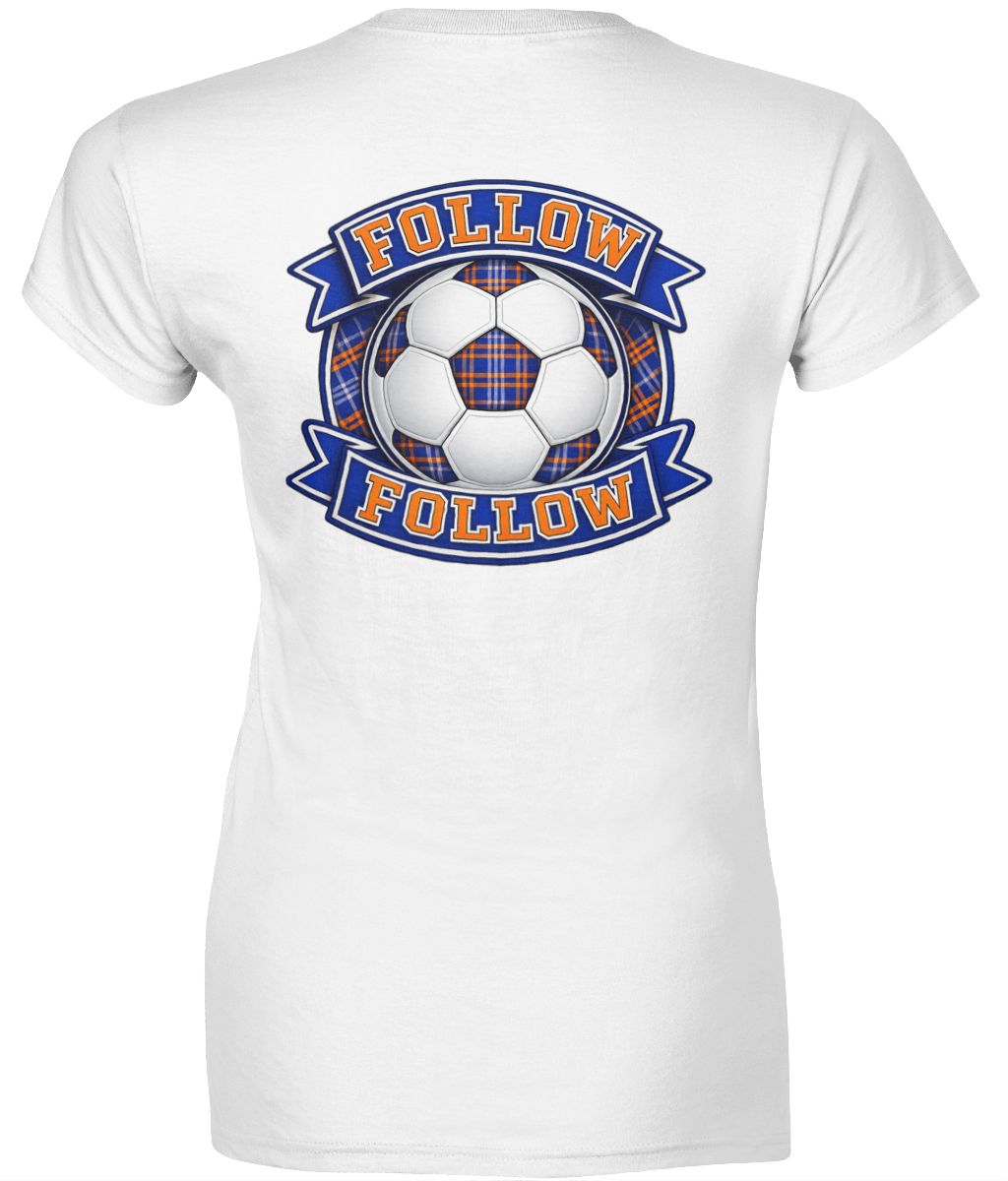 White women's fitted t-shirt with FOLLOW FOLLOW football-inspired back print design