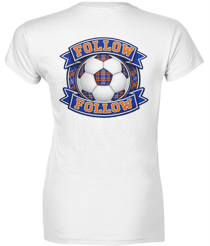 White women's fitted t-shirt with FOLLOW FOLLOW football-inspired back print design