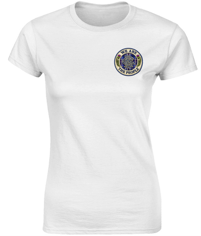 We Are The People Crest ladies fitted t-shirt in white featuring a small tartan and thistle crest on the left chest.