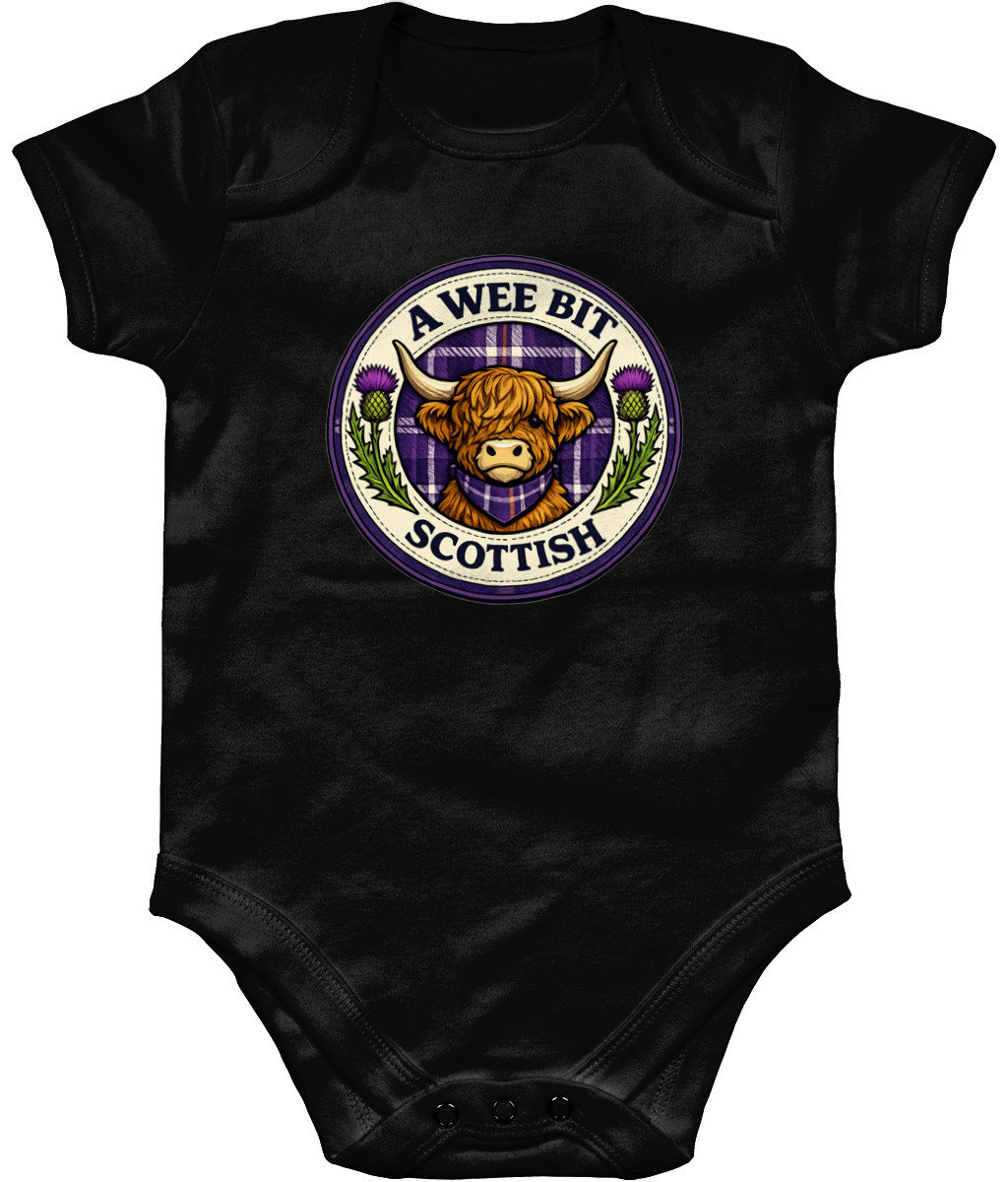 A Wee Bit Scottish baby bodysuit in black with Highland cow design