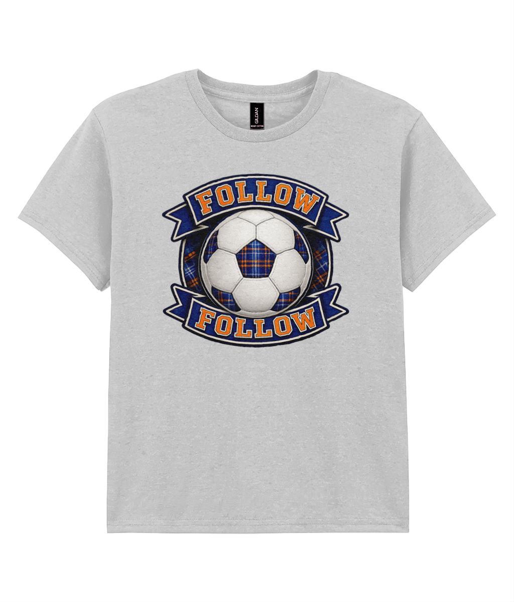 FOLLOW FOLLOW youth t-shirt in sport grey featuring a football-inspired tartan design with bold blue and orange banner lettering.