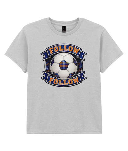 FOLLOW FOLLOW youth t-shirt in sport grey featuring a football-inspired tartan design with bold blue and orange banner lettering.