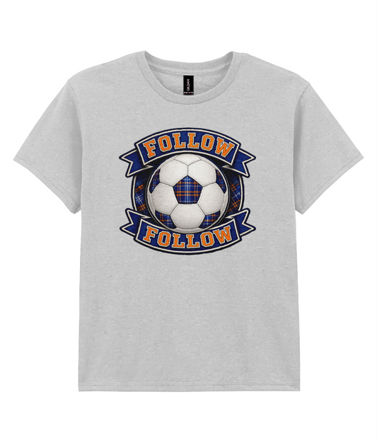 FOLLOW FOLLOW youth t-shirt in sport grey featuring a football-inspired tartan design with bold blue and orange banner lettering.