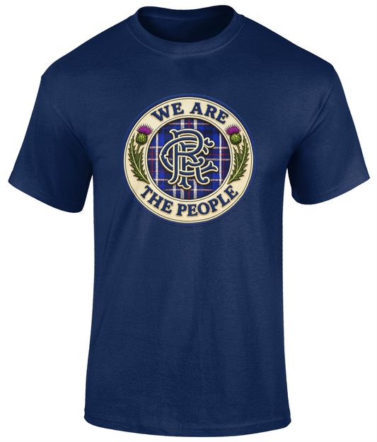 We Are The People Crest youth t-shirt in navy featuring a Scottish tartan crest design with navy and cream detailing.