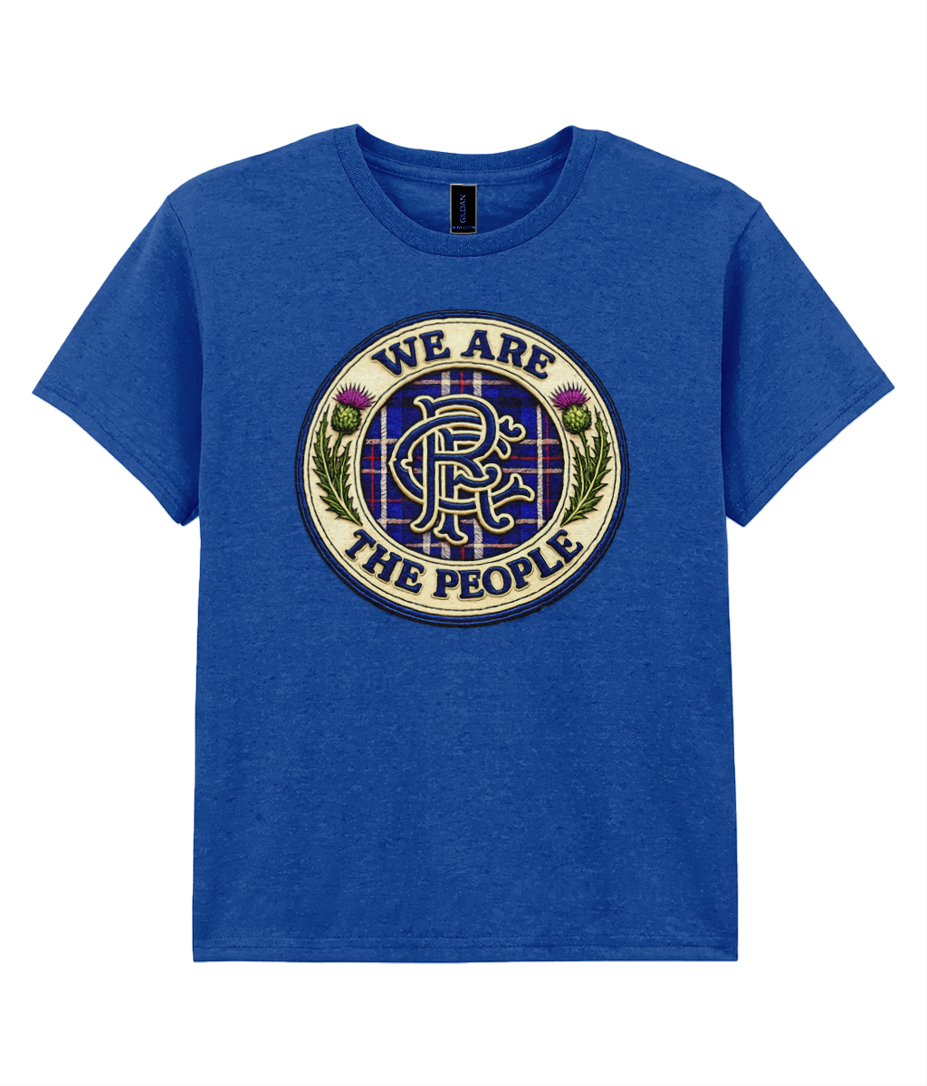 We Are The People crest youth t-shirt in royal blue featuring tartan crest design
