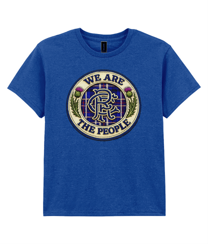 We Are The People crest youth t-shirt in royal blue featuring tartan crest design