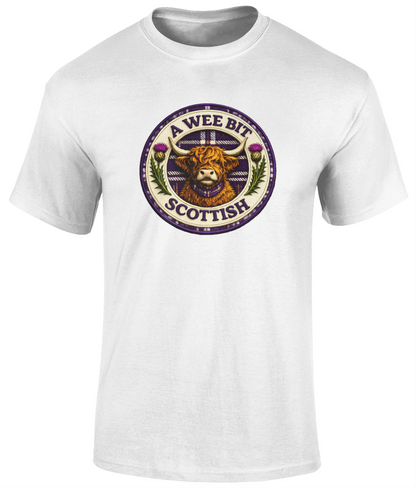 White A Wee Bit Scottish youth t-shirt featuring a Highland cow badge design.