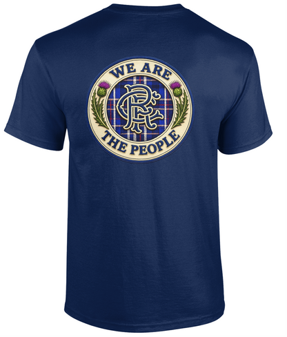 Men's navy We Are The People Crest Back Print T-Shirt featuring a large tartan-inspired crest design.