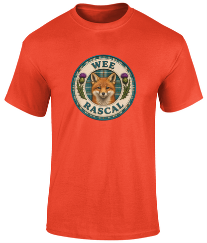 Wee Rascal youth t-shirt in orange featuring a realistic fox crest with teal tartan background and Scottish thistles.